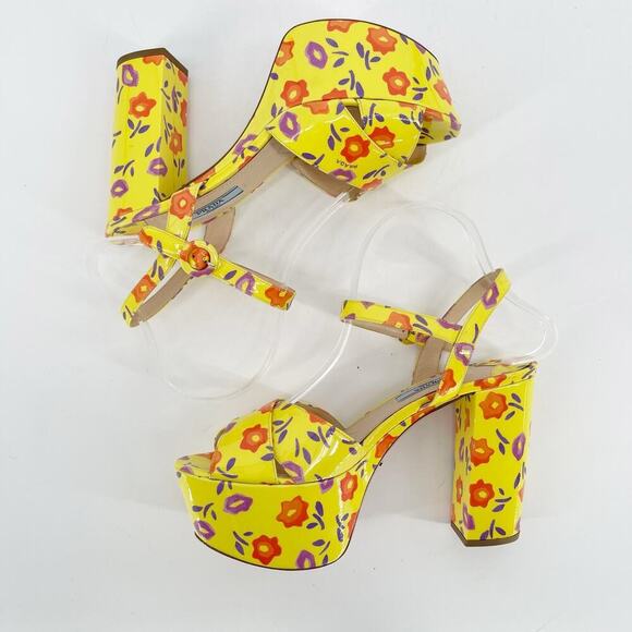 Prada Yellow Floral Patent Leather Chunky Platform Block Heel Sandal size IT 37 - Picture 4 of 14